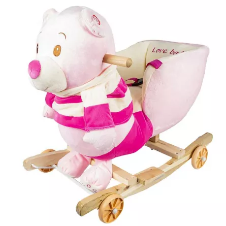 Balansoar pentru bebelusi, Ursulet, lemn + plus, cu rotile, roz, 55 cm, [],catemstore.ro
