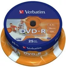DVD-R VERBATIM  4.7GB, 120min, viteza 16x, 25 buc, Single Layer, spindle, printabil, "Wide Inkjet Printable" "43538", [],catemstore.ro
