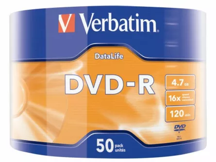 DVD-R VERBATIM  4.7GB, 120min, viteza 16x, 50 buc, Single Layer, shrink wrap, "Matt Silver" "43791", [],catemstore.ro