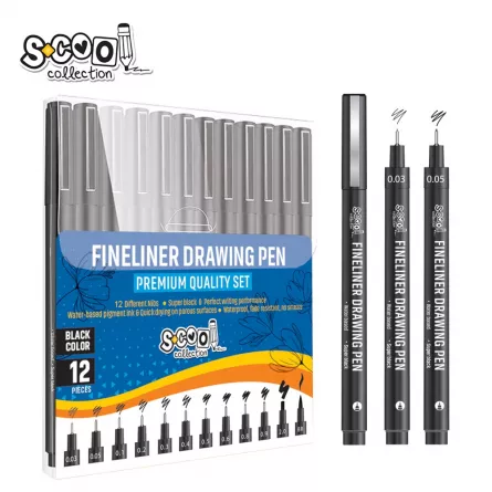 Fineliner, diferite dimensiuni 0.03-2 mm + varf tip pensula, 12 buc/set - S-COOL, [],catemstore.ro