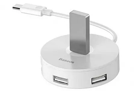 HUB extern Baseus Airjoy, porturi USB: USB 3.0 x 1 + USB 2.0 x 3, conectare prin USB Type-C, rotund, lungime cablu 10 cm, alb, "CAHUB-G02" (include timbru verde 0.75 lei) - 6953156284265, [],catemstore.ro