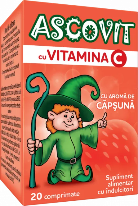 Ascovit cu Vitamina C Aroma de Capsuni, 20 Comprimate, [],farmacieieftina.ro