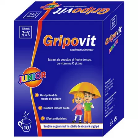 GRIPOVIT JUNIOR PULBERE SOLUBILA X 10 PLICURI ZDROVIT, [],farmacieieftina.ro