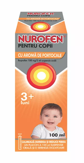 Nurofen pentru Copii 3+ Luni Aroma de Portocale, 100 mg/5 ml, 100 ml, Reckitt Benckiser, [],farmacieieftina.ro