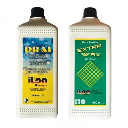 Pachet impermeabilizare si cerurie pe baza de apa pentru blaturi din marmura, granit, travertin si beton Drai Aqua + Extra Wax Aqua, Ilpa, 1,9 L, [],stoneproof.ro