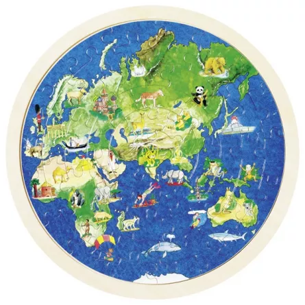 Puzzle circular din lemn - Harta lumii cu animale, [],edituradiana.ro