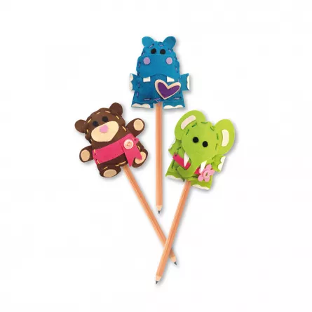 Set de creație prin coasere -  3 accesorii amuzante pentru creion:urs, hipopotam și elefant, [],edituradiana.ro