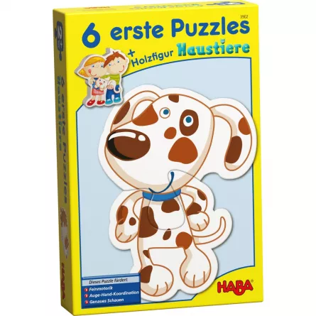 Set de 6 puzzle-uri cu piese mari din carton și o figurină din lemn - Animale, [],edituradiana.ro