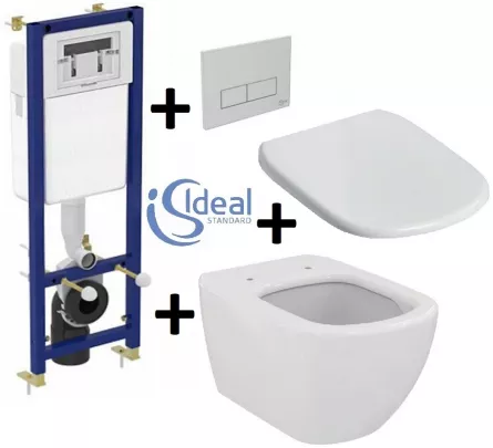 Pachet Complet Sistem WC Suspendat Ideal Standard Tesi Aquablade - Gata de Montaj - Cadru fixare + Rezervor Ingropat, Clapeta Crom, Vas WC si Capac WC, [],onlinedepozit.ro