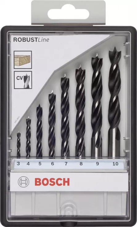 Bosch Set Robust Line  de8 burghie elicoidale pentru lemn, 3/4/5/6/7/8/9/10 mm