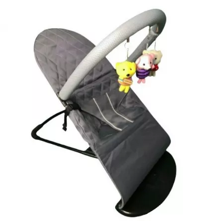 Balansoar ergonomic cu bara de activitati cu 3 jucarii pentru bebelusi, cu inclinare reglabila, 3 trepte , pliabil, gri, buz, [],buz.ro