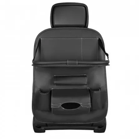 Husa auto organizator pentru scaun masina, cu tavita si buzunare, universal, din piele ecologica, negru, buz, [],buz.ro