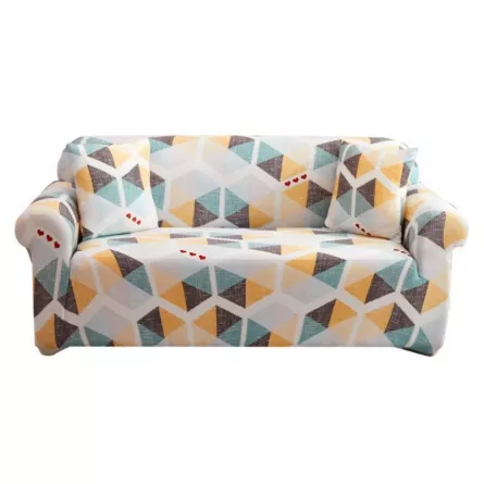 Husa elastica universala pentru canapea si pat, cu 2 fete de perna, crem cu figuri geometrice, 200 x 140 cm, [],buz.ro