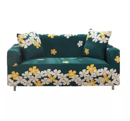 Husa elastica universala pentru canapea si pat, cu 2 fete de perna, verde cu imprimeu flori , 190 x 230cm, [],buz.ro