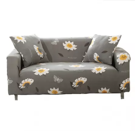Husa elastica universala pentru canapea si pat, cu doua fete de perna, gri cu flori margarete, 190 x 230 cm, [],buz.ro