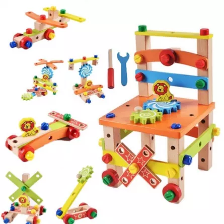 Jucarie din lemn educativa si interactiva, tip scaunel, multifunctional, Montessori, asociere, invatare prin joaca, [],buz.ro