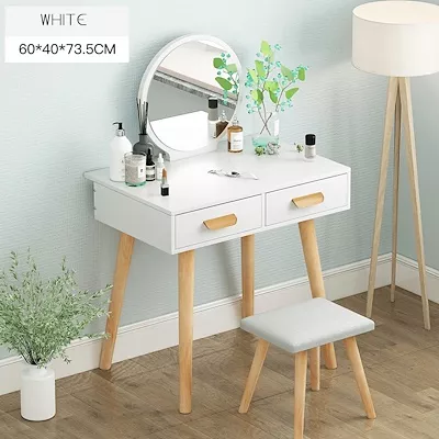 Masuta de toaleta cu oglinda statie de machiaj si taburet, 2 sertare, design vintage, alb, [],buz.ro