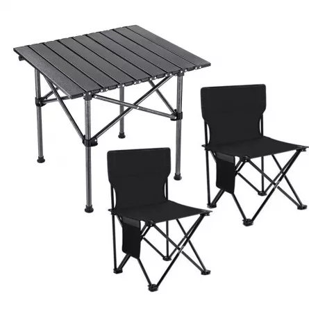 Set camping cu masa si 2 scaune pliabile, cu geanta de transport, aluminiu, negru, 53x51x50 cm, [],buz.ro