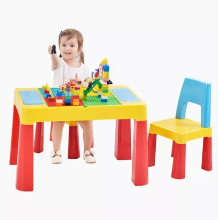 Set masa lego si 2 scaune, cu spatiu de depozitare pentru diferite activitati, picioare antiderapante, multicolor, [],buz.ro