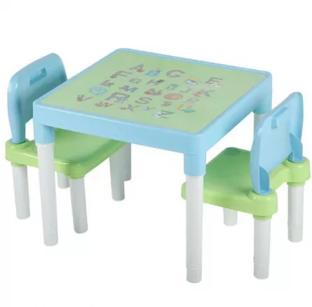 Set masa si 2 scaune pentru activitati copii, cu design interactiv, alfabet albastru, 51x51 cm, [],buz.ro