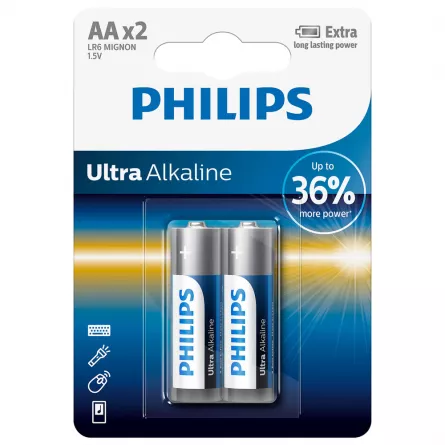 Baterii Philips Ultra Alkaline AA, 2 buc, [],cmcshop.ro
