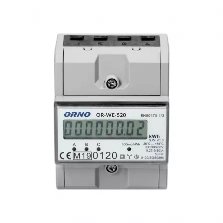 Contor trifazic ORNO OR-WE-520, 80A, certificare MID, 3 faze, 230V, clasa de masurare B, frecventa de impuls 800 imp/kWh, IP51, gri, [],cmcshop.ro