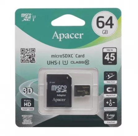 CARD MEMORIE MICROSDHC 64GB CLASA 10 UHS-I CU ADAPTOR APACER, [],dennver.ro