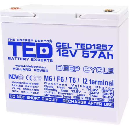 Acumulator 12V GEL Deep Cycle, Dimensiuni 229 x 138 x 208 mm, Baterie 12V 57Ah M6, TED Electric TED003393