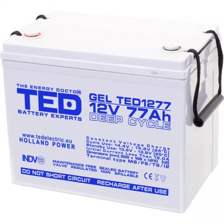 Acumulator 12V GEL Deep Cycle, Dimensiuni 259 x 168 x 211 mm, Baterie 12V 77Ah M6, TED Electric TED003409