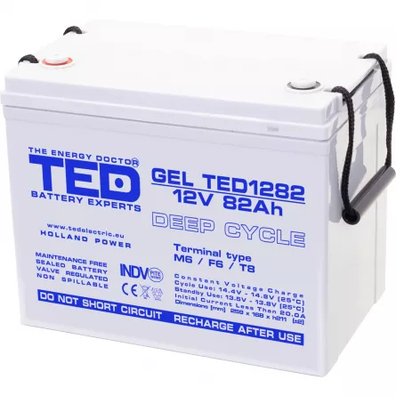 Acumulator 12V GEL Deep Cycle Solar, Dimensiuni 259 x 168 x 211 mm, Baterie 12V 82Ah M6, TED Electric TED003478