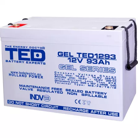 Acumulator 12V GEL Deep Cycle Solar, Dimensiuni 305 x 167 x 208 mm, Baterie 12V 93Ah M8, TED Electric TED003485