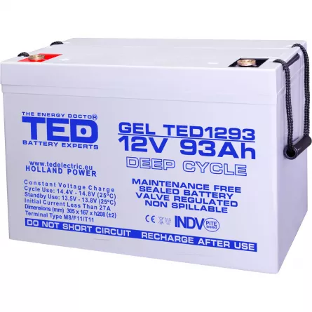 Acumulator 12V GEL Deep Cycle Solar, Dimensiuni 305 x 167 x 208 mm, Baterie 12V 93Ah M8, TED Electric TED003485