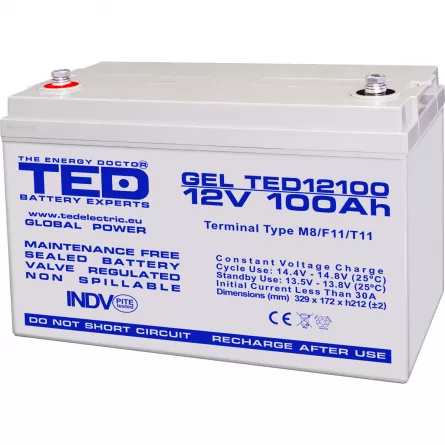 Acumulator 12V GEL Deep Cycle Solar, Dimensiuni 330 x 173 x 212 mm, Baterie 12V 100Ah M8, TED Electric TED004147