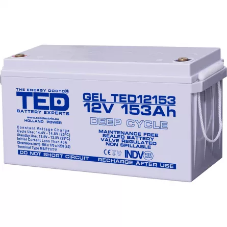 Acumulator 12V GEL Deep Cycle Solar, Dimensiuni 483 x 170 x 240 mm, Baterie 12V 153Ah M8, TED Electric TED003515