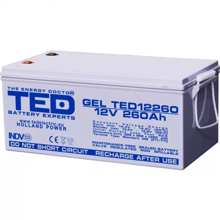 Acumulator 12V GEL Deep Cycle Solar, Dimensiuni 520 x 268 x 220 mm, Baterie 12V 260Ah M8, TED Electric TED003539