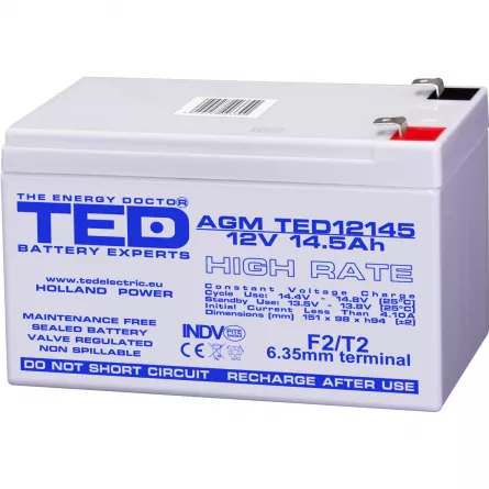Acumulator 12V High Rate, Dimensiuni 151 x 98 x 95 mm, Baterie 12V 14.5Ah F2, TED Electric TED002792