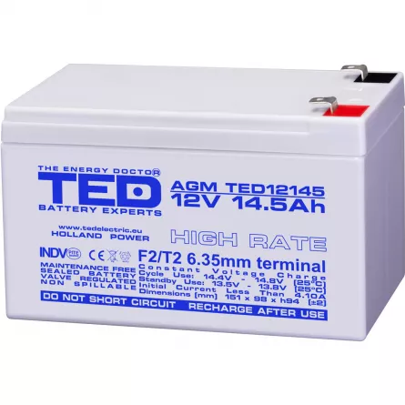 Acumulator 12V High Rate, Dimensiuni 151 x 98 x 95 mm, Baterie 12V 14.5Ah F2, TED Electric TED002792