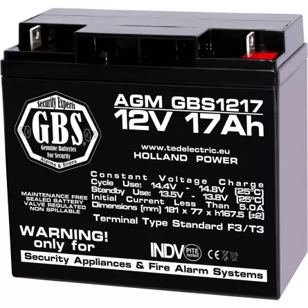 Acumulator 12V Sisteme Alarma, Dimensiuni 181 x 76 x 167 mm, Baterie 12V 17Ah F3, TED Electric GBS