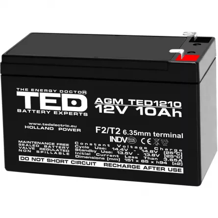Acumulator 12V Stationar VRLA, Dimensiuni 151 x 65 x 95 mm, Baterie 12V 10Ah F2, TED Electric TED002730