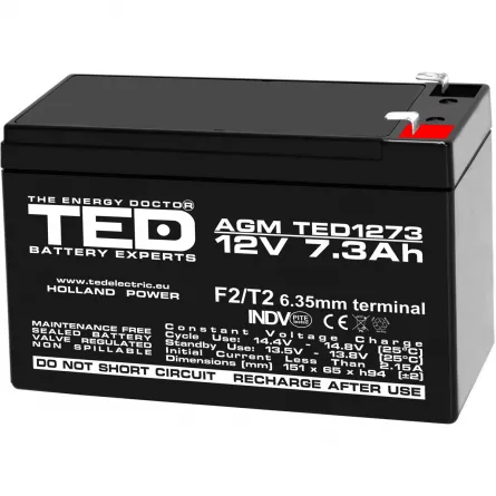 Acumulator 12V Stationar VRLA, Dimensiuni 151 x 65 x 95 mm, Baterie 12V 7.3Ah F2, TED Electric TED003249