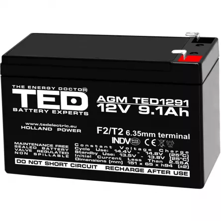 Acumulator 12V Stationar VRLA, Dimensiuni 151 x 65 x 95 mm, Baterie 12V 9.1Ah F2, TED Electric TED003263