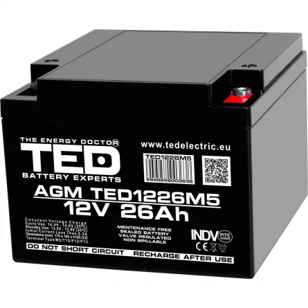 Acumulator 12V Stationar VRLA, Dimensiuni 165 x 175 x 125 mm, Baterie 12V 26Ah M5, TED Electric TED003638