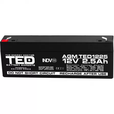Acumulator 12V Stationar VRLA, Dimensiuni 178 x 34 x 60 mm, Baterie 12V 2.5Ah F1, TED Electric TED003096
