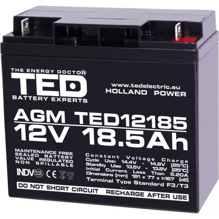Acumulator 12V Stationar VRLA, Dimensiuni 181 x 76 x 167 mm, Baterie 12V 18.5Ah F3, TED Electric TED002778