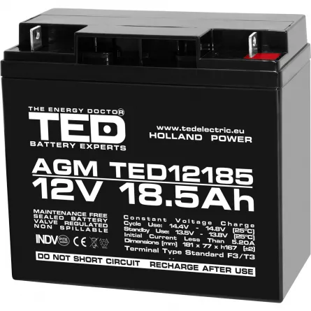 Acumulator 12V Stationar VRLA, Dimensiuni 181 x 76 x 167 mm, Baterie 12V 18.5Ah F3, TED Electric TED002778