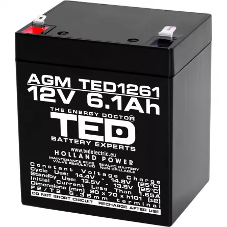 Acumulator 12V Stationar VRLA, Dimensiuni 90 x 70 x 98 mm, Baterie 12V 6.1Ah F2, TED Electric TED003171
