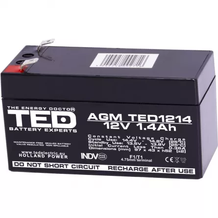 Acumulator 12V Stationar VRLA, Dimensiuni 97 x 47 x 50 mm, Baterie 12V 1.4Ah F1, TED Electric TED002716