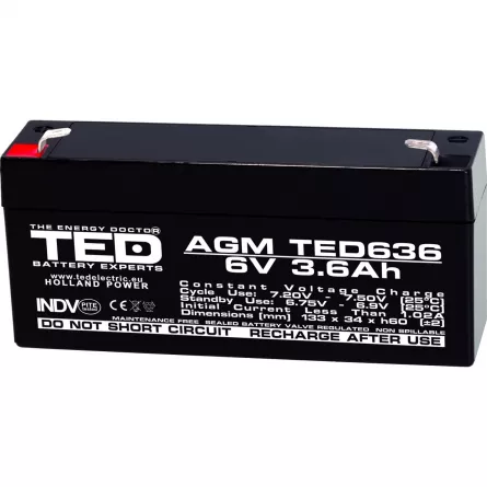 Acumulator 6V Stationar VRLA, Dimensiuni 133 x 34 x 59 mm, Baterie 6V 3.6Ah F1, TED Electric TED002891