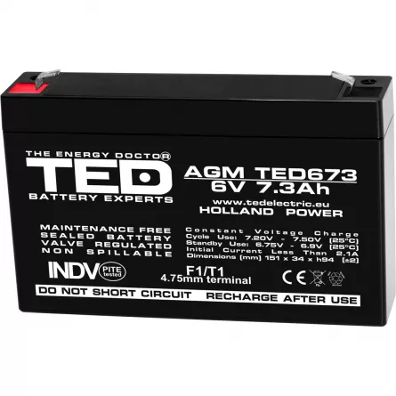 Acumulator 6V Stationar VRLA, Dimensiuni 151 x 34 x 95 mm, Baterie 6V 7.3Ah F1, TED Electric TED002976