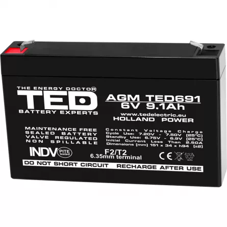 Acumulator 6V Stationar VRLA, Dimensiuni 151 x 34 x 95 mm, Baterie 6V 9.1Ah F2, TED Electric TED002990